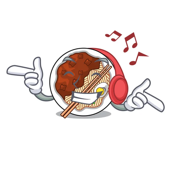 Mendengarkan musik jajangmyeon ditempatkan di mangkuk maskot - Stok Vektor