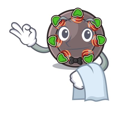 Garson bir karikatür sıcak tavada escargot kızarmış