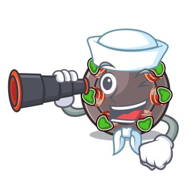 Bir karikatür sıcak tavada binoküler kızarmış escargot ile Denizci