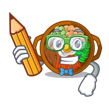 Öğrenci bibimbap maskot sıcak tavada servis