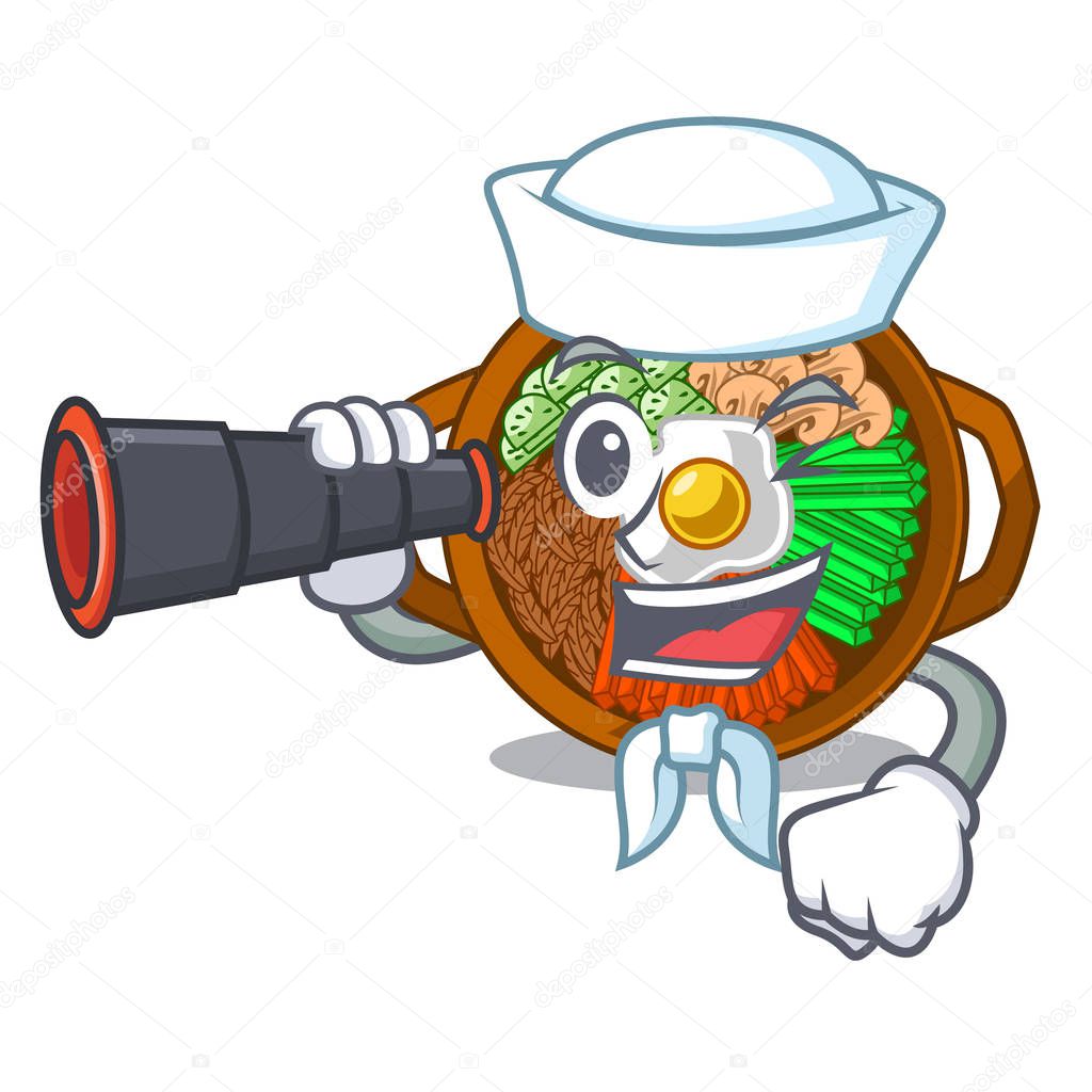 Sailor with binocular plate containing bibimbap cartoon on table