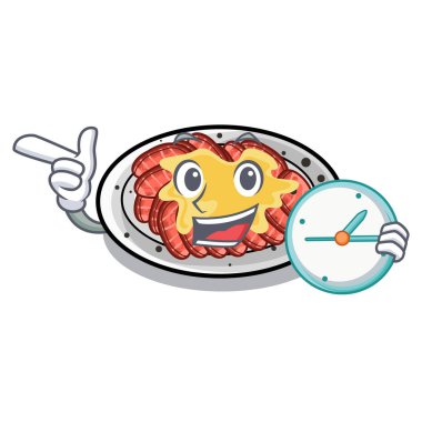 Ahşap karikatür masasının üzerinde saat carpaccio ile