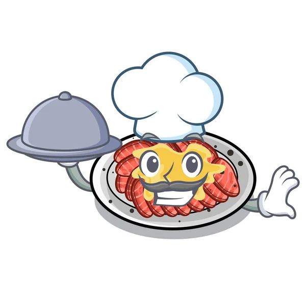 Chef con comida carpaccio aislado con en la mascota — Vector de stock