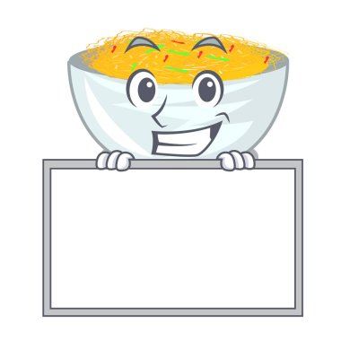 Bir tavada tahta karikatür kızarmış erişte ile Grinning