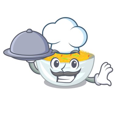 Yemek kızarmış erişte ile Şef karikatür tavada servis