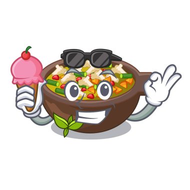 With ice cream minestrone is served in cartoon bowl