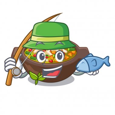 Fincan karakteri balıkçılık kızarmış minestrone