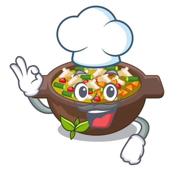 Chef minestrone se sirve en un tazón de dibujos animados — Vector de stock