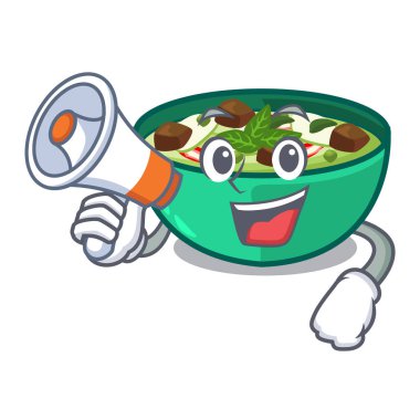 With megaphone green churry served in cartoon bowl