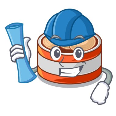 Karakter ahşap masa üzerinde Mimar konserve ton balığı