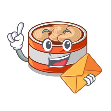 With envelope canned tuna above character wooden table