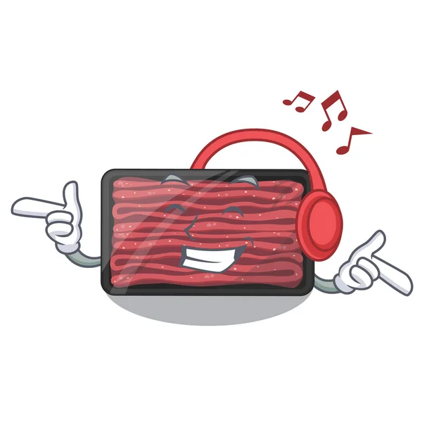 Listening music minced meat in the cartoon fridge — Stock Vector