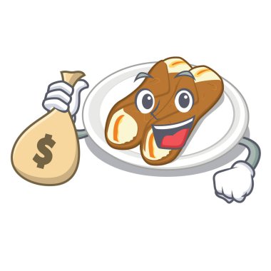 With money bag cannoli is served on mascot plate