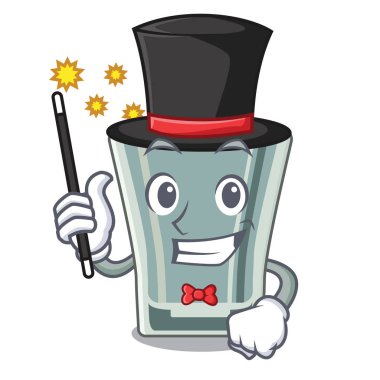 Sihirbaz ahşap karikatür masada cam vurdu