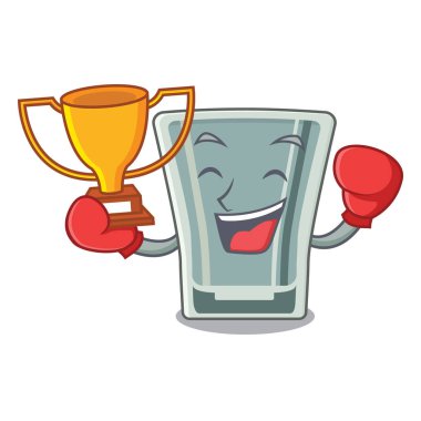 Boks kazanan ahşap karikatür masada cam vurdu