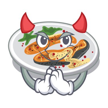 Şeytan ızgara somon karikatür tahtasında servis