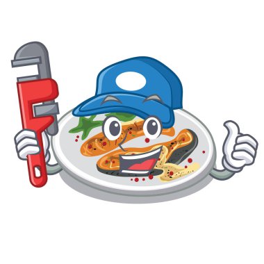 Bir karikatür plaka üzerinde Tesisatçı ızgara somon