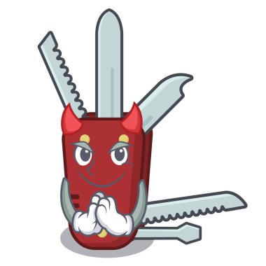 Ahşap bir masada Şeytan penknife karikatür