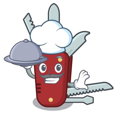 Ahşap bir masada gıda penknife karikatür ile Şef