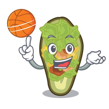 Basketbol topuyla doldurulmuş avokado karikatürle izole edilmiş.