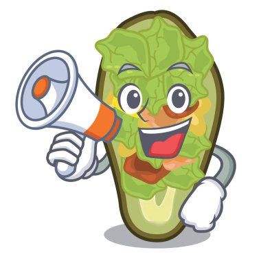 Megafonla doldurulmuş avokado karikatürle izole edilmiş.