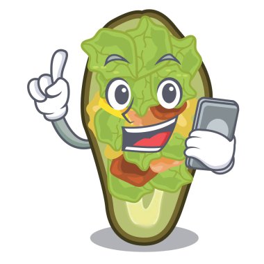 Telefonla doldurulmuş avokado karikatürle izole edilmiş.