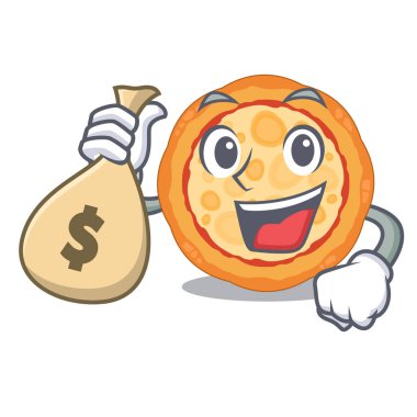 Para çantası peynirli pizza karikatür tahtasında servis edilir.