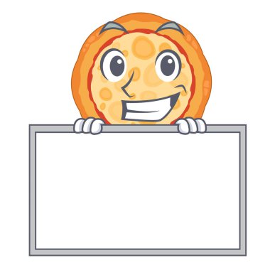 Karikatür tahtasında servis edilen tahta peynirli pizza ile sırıtarak