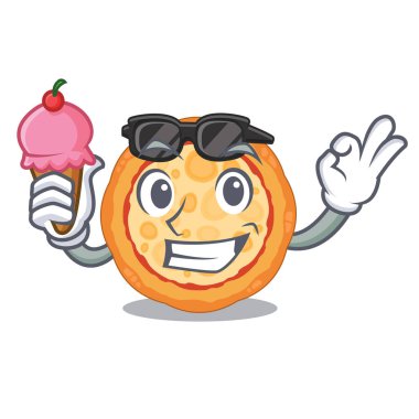 Maskotla izole edilmiş dondurmalı peynirli pizza.