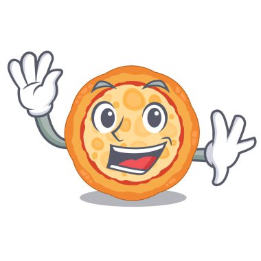 Maskot ile izole peynir pizza sallayarak