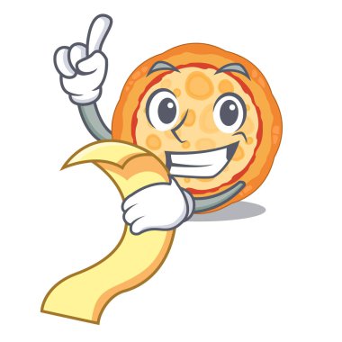 Çizgi film şeklinde peynirli pizzayla.