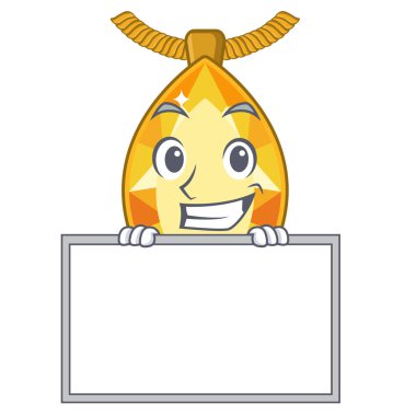 Karikatür kutusunda tahta topaz takı ile grinning