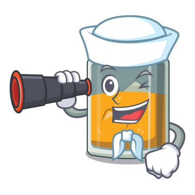 Masanın üzerinde dürbün cam karikatür viski ile Denizci