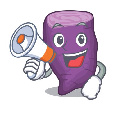 Karakterle izole edilmiş megafon mor tatlı patatesle
