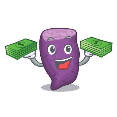Para çantası, maskot sepetinde mor tatlı patatesle