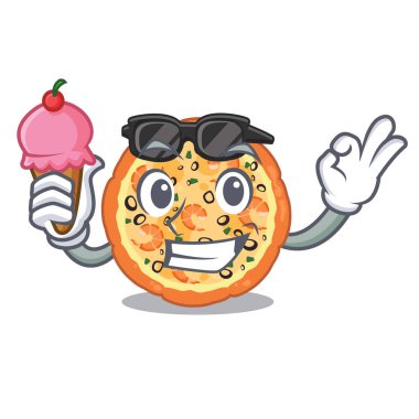 Çizgi filmle izole edilmiş dondurmalı deniz ürünleri pizzasıyla.