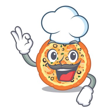 Şef deniz ürünleri pizza karikatür ile izole