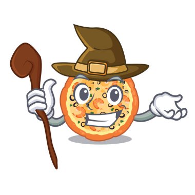 Maskot şeklinde cadı deniz ürünleri pizzası.