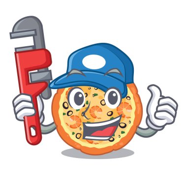 Karikatür tahtası üzerinde Tesisatçı deniz ürünleri pizza