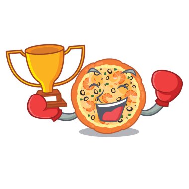 Karikatür kurulu üzerinde Boks kazanan deniz ürünleri pizza
