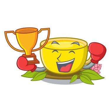 Maskot ahşap masa üzerinde boks kazanan zerdeçal çayı