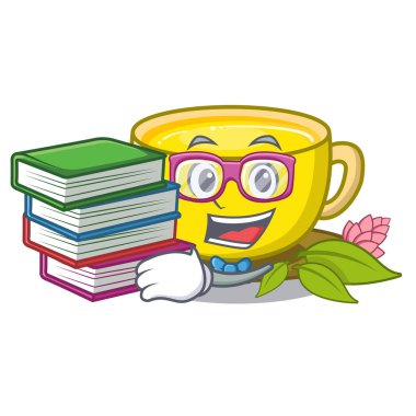 Maskot ahşap masa üzerinde kitap zerdeçal çayı ile Öğrenci