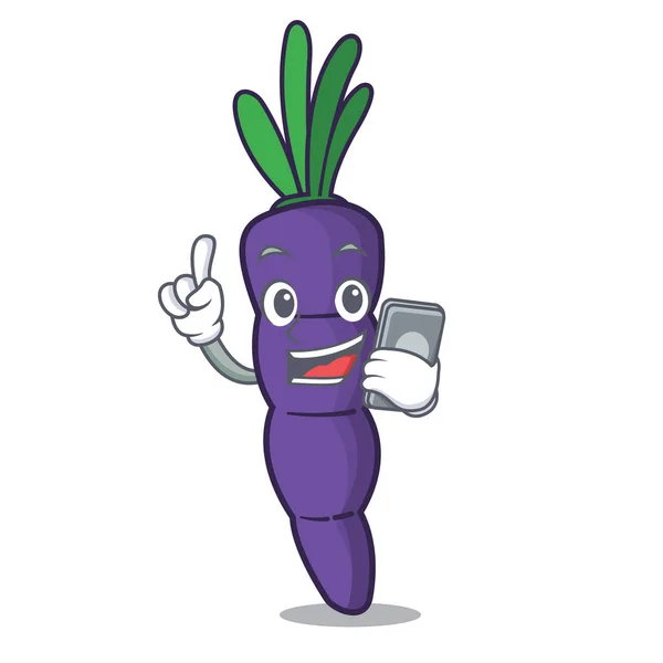 Met telefoon paarse wortelen geïsoleerd met de mascotte — Stockvector