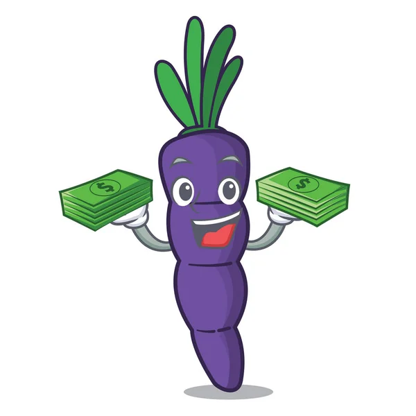 With money bag purple carrots in the character shape — 스톡 벡터
