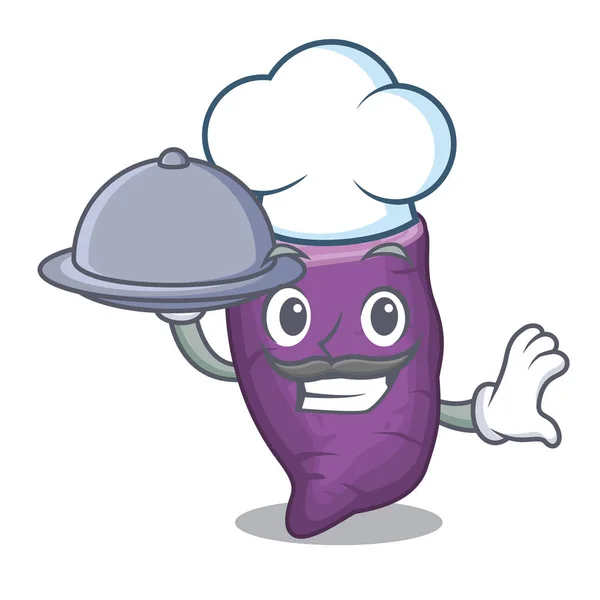 Chef dengan makanan ungu kentang manis di keranjang maskot - Stok Vektor
