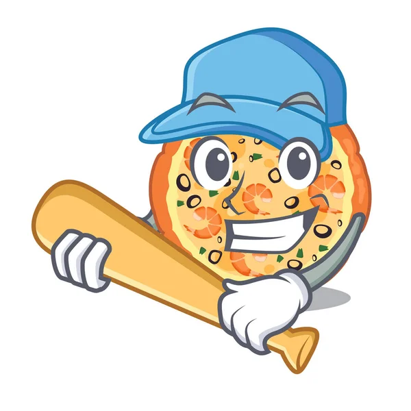 Jogando beisebol frutos do mar pizza servido no prato personagem — Vetor de Stock