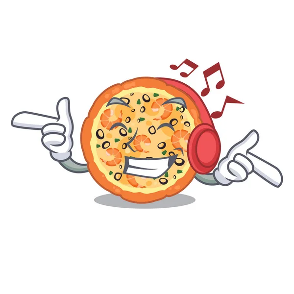 Lyssna musik skaldjur pizza i maskot form — Stock vektor