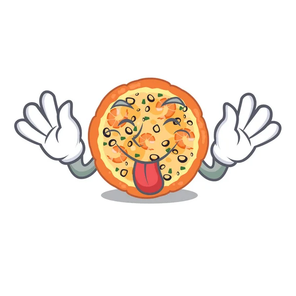 Língua para fora pizza de frutos do mar acima do quadro de desenhos animados — Vetor de Stock