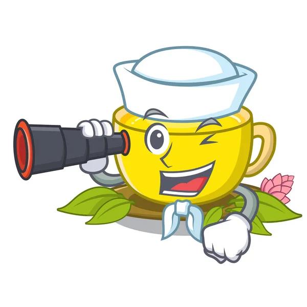 Sailor met verrekijker kurkuma thee in de cartoon vorm — Stockvector