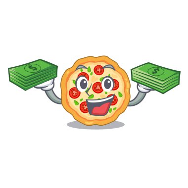 Para çantası margherita pizzasıyla, karikatürlerle izole edilmiş.